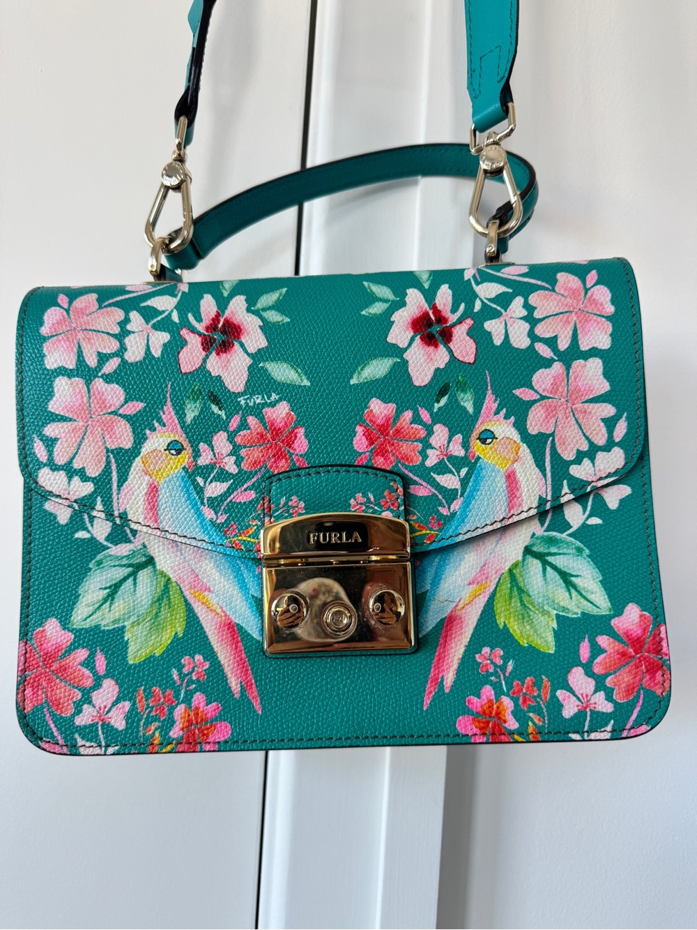 Furla Teal Floral Crossbody Satchel with Gold Hardware - Picture 3 of 7